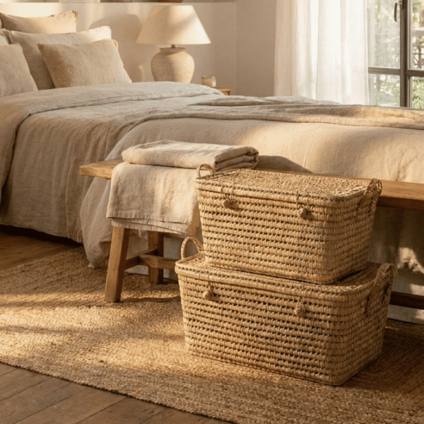 Moroccan Wicker &Amp; Palm Storage Trunk | Handmade Natural Boho Storage Basket | Kech Beldi