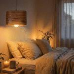 Modern Nordic style hanging lamp with warm lighting in minimalist home interior