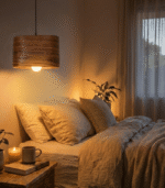 Modern Nordic style hanging lamp with warm lighting in minimalist home interior